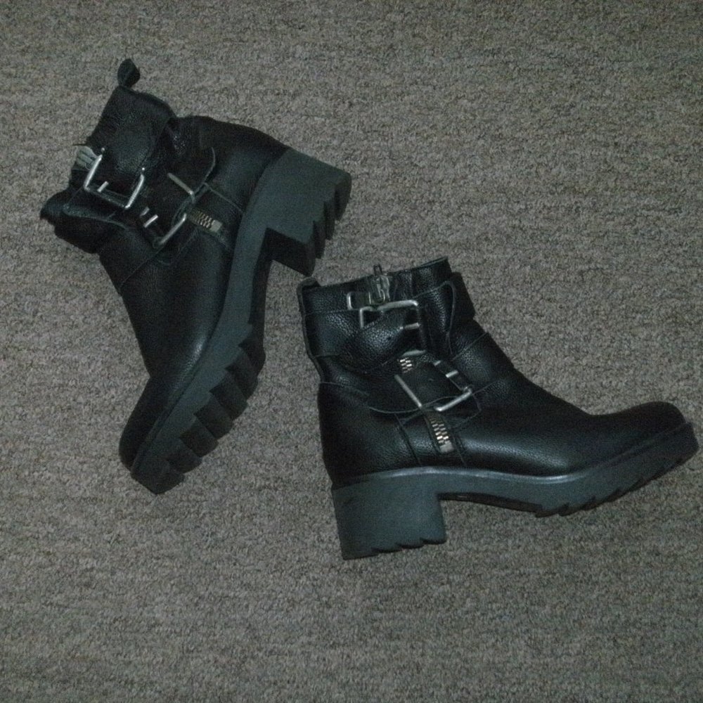 PS Poelman Black Moto Grunge Buckle Biker Zip Up Ankle Boots sz 38 US 7